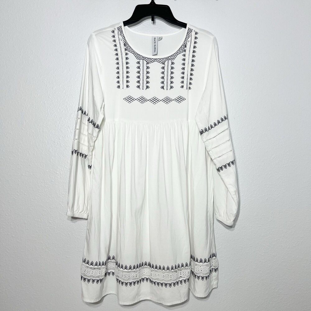 Grace & Karma Dress Medium White Poplin Babydoll Boho Embroidered Peasant